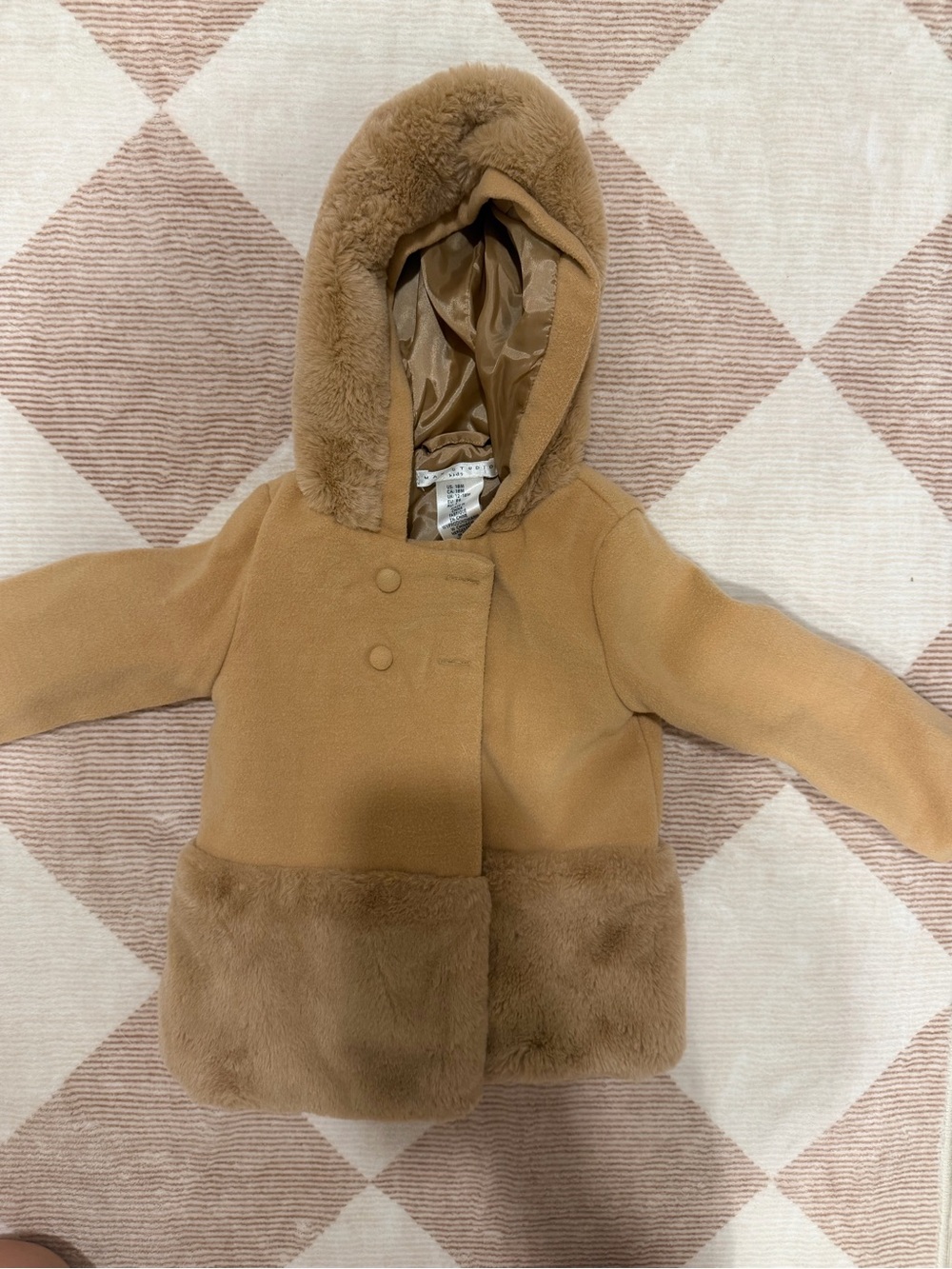 Max Studio Camel Hooded Faux-Fur Trim Pea Coat